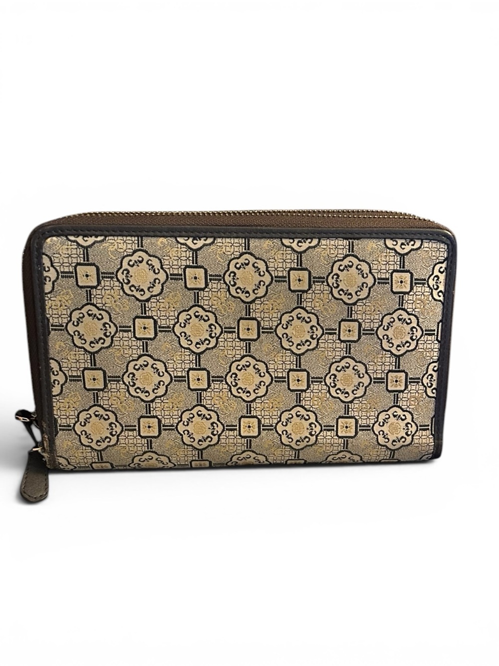 Patterned Zip Around Wallet in Brown and Beige